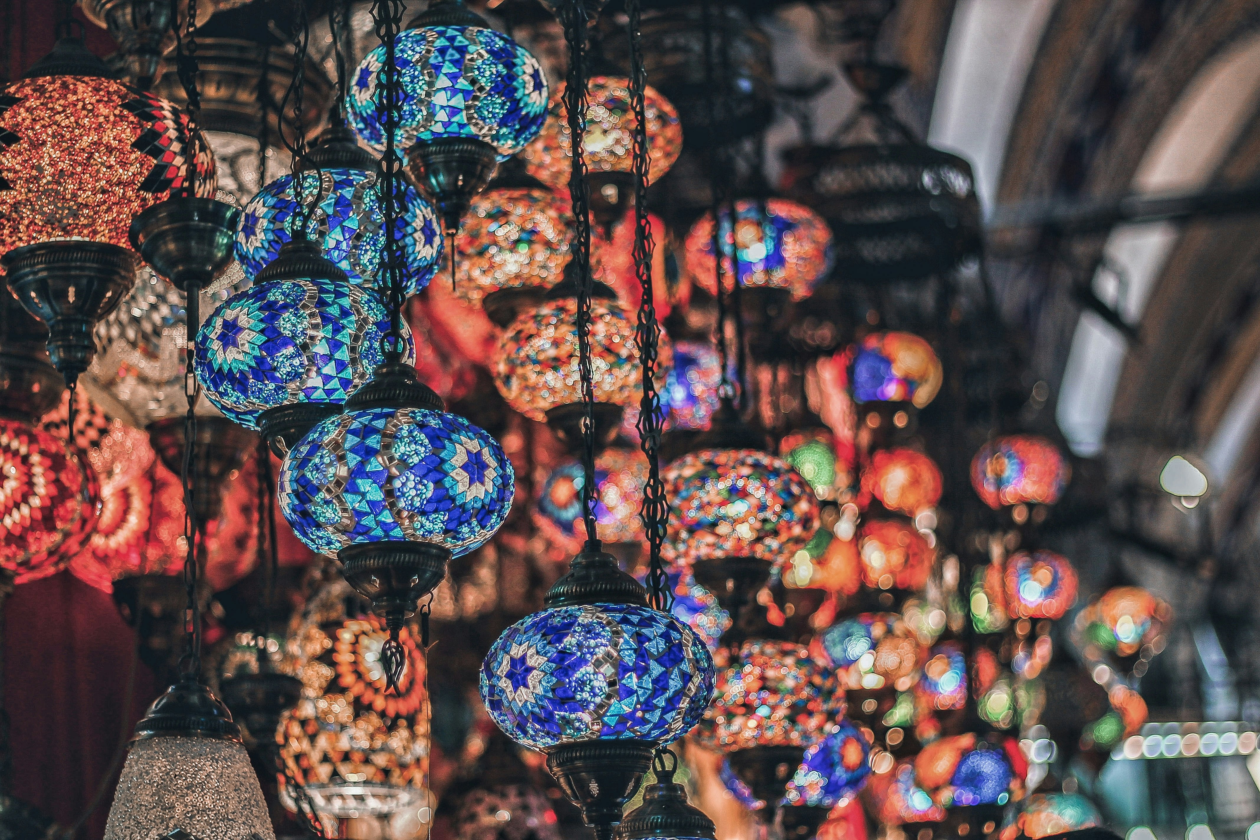 red and blue hanging lamps